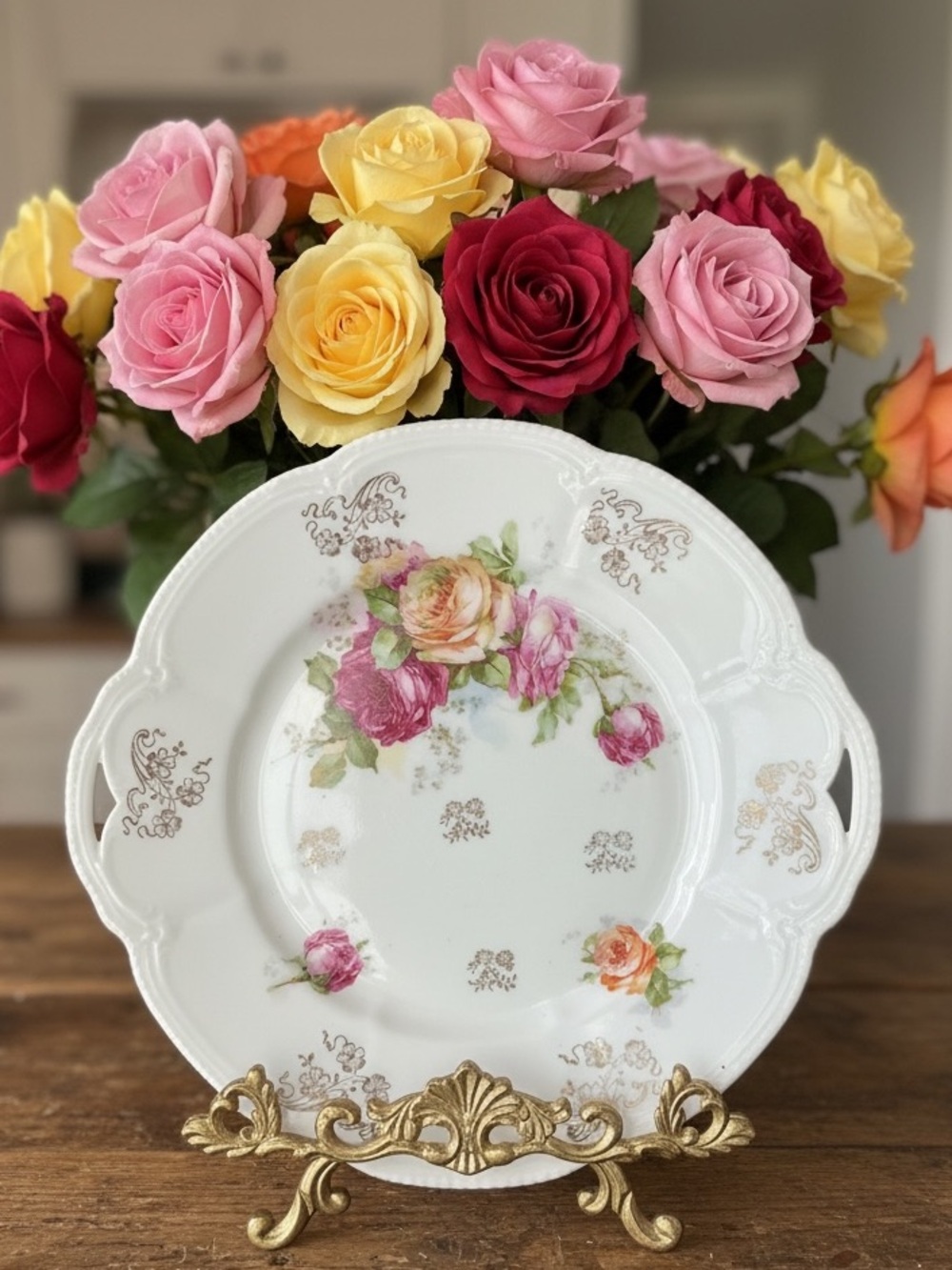 Vintage Cake Plate With Pink And Orange Roses & Gold Accents Made In Germany